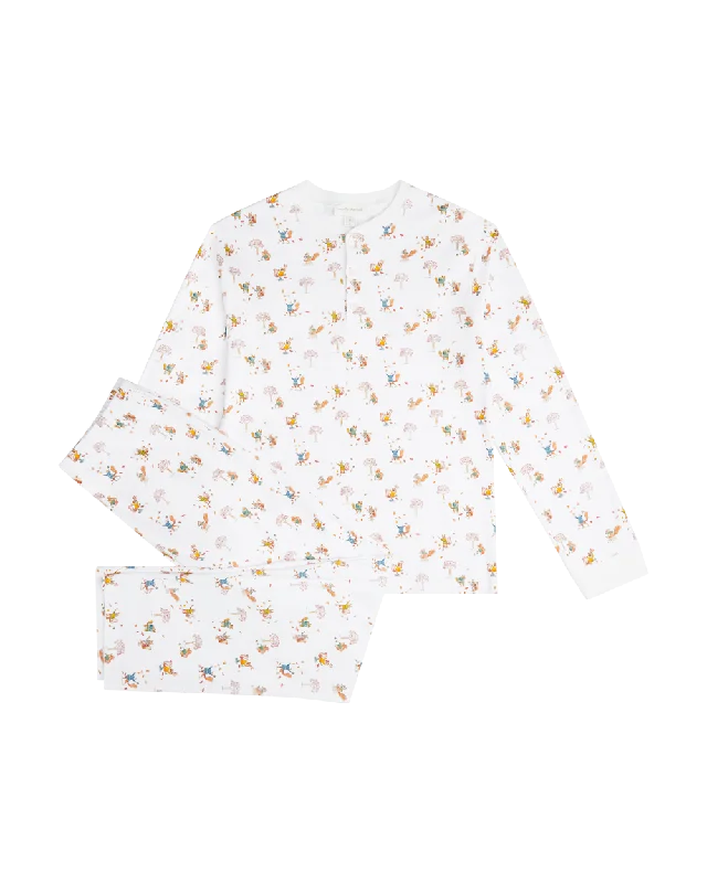 Squirrel Print Henley Pajamas in White