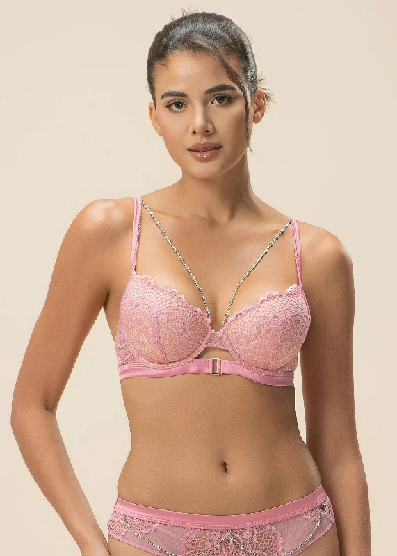 BECKY Pink Floral Lace Underwire Molded Cup Bra with Detachable Diamond Chains