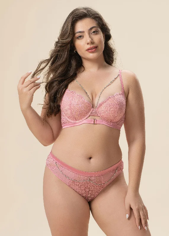 BECKY Plus Pink Floral Lace Underwire Molded Cup Bra with Detachable Diamond Chains