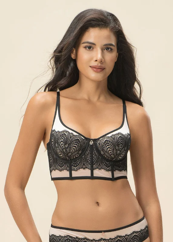 DOVE Black Pink Lace Underwired Long Plunge Bra with Cut & Sewn Cups