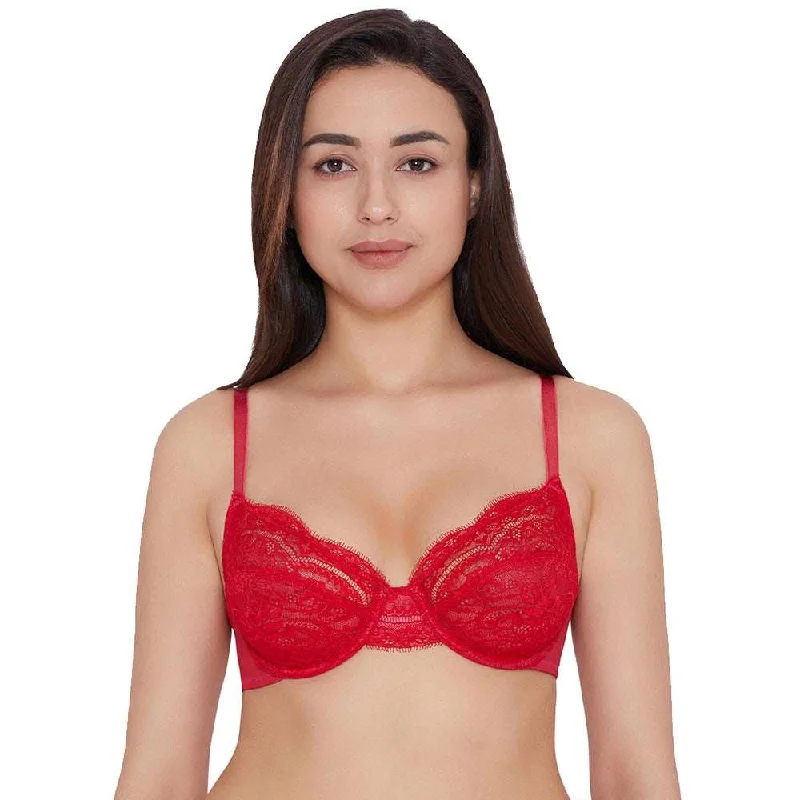 Essential Lace Non Padded Wired Full Cup Bridal Wear Lace Bra Full Support Bra - Red