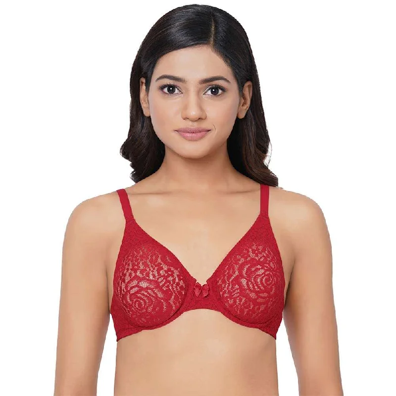 Halo Lace Non Padded Wired Full Cup Bridal Wear Plus Size Lace Bra - Red