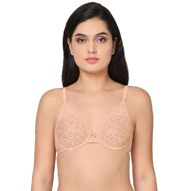 Halo Lace Non Padded Wired Full Cup Bridal Wear Plus Size Lace Bra - Peach