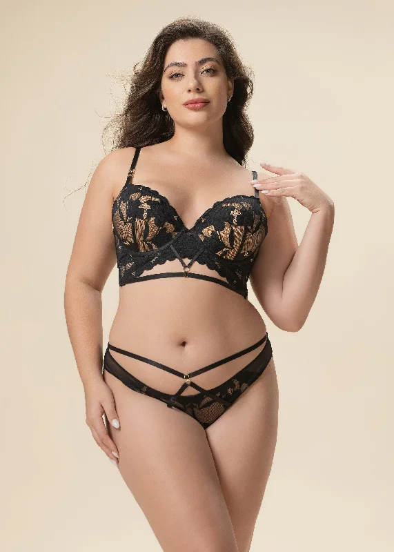 HEBE Plus Black Lace Push-Up Long Demi Bra with Molded Cups and Removable Padding