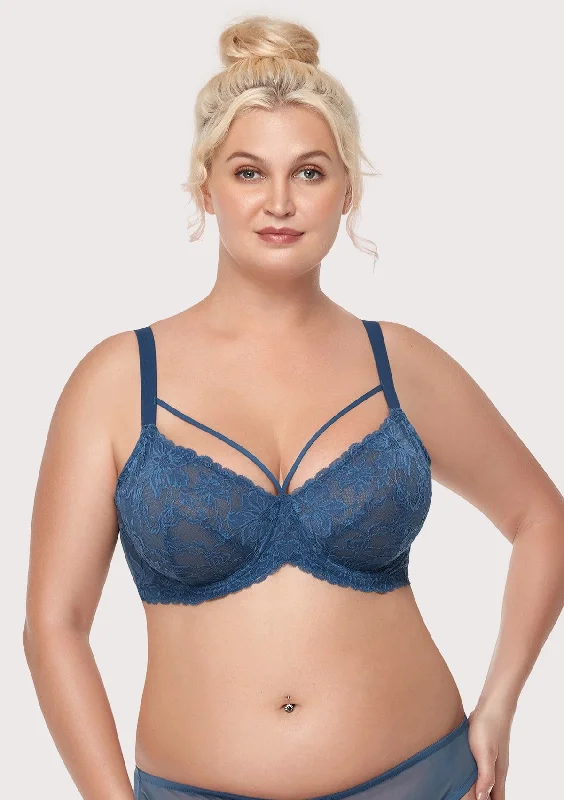 Pretty In Petals Dark Blue Unlined Strappy Lace Bra