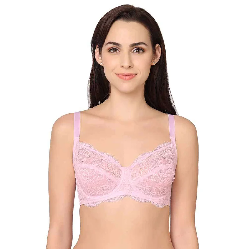 Essential Lace Non Padded Wired Full Cup Bridal Wear Lace Bra Full Support Bra - Light Pink