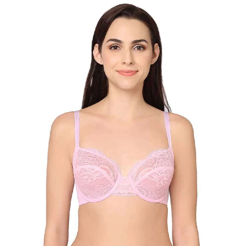 Essential Lace Non Padded Wired Full Cup Bridal Wear Lace Bra Full Support Bra - Light Pink