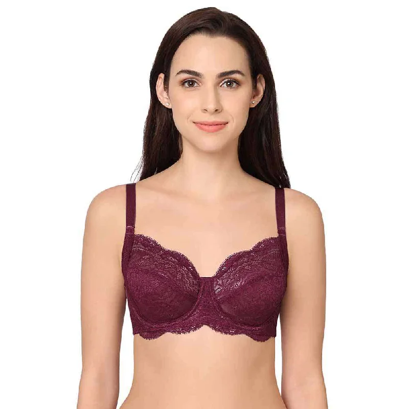 Essential Lace Non Padded Wired Full Cup Bridal Wear Lace Bra Full Support Bra - Wine