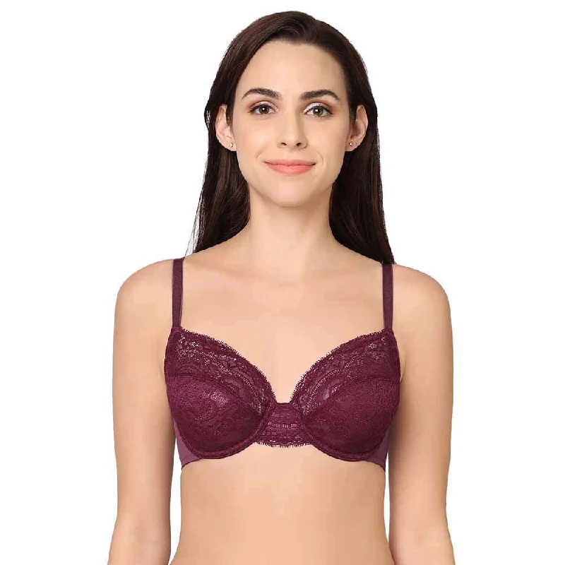 Essential Lace Non Padded Wired Full Cup Bridal Wear Lace Bra Full Support Bra - Wine