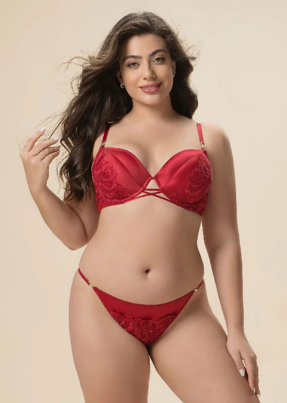 JESSICA Plus Red Lace Push-Up Underwired Molded Cup Demi Bra With Removable Padding