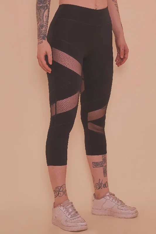 Mesh Panel Crop Leggings Black