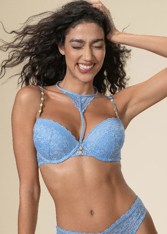 MOLLY Underwired Blue Floral Lace Demi Bra with Detachable Neck Holder