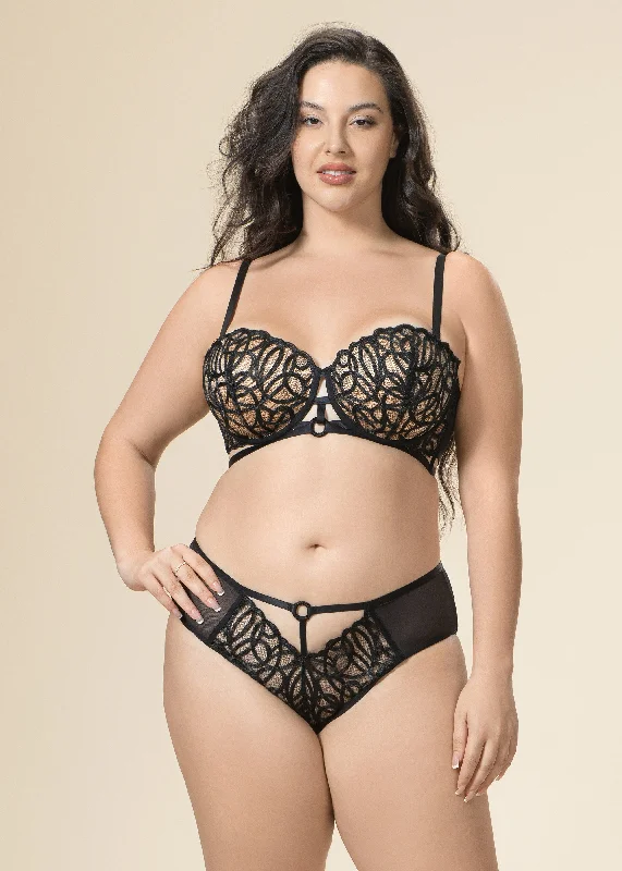 RORA Plus Sexy Black Underwired Lace Balconette Demi Long Bra