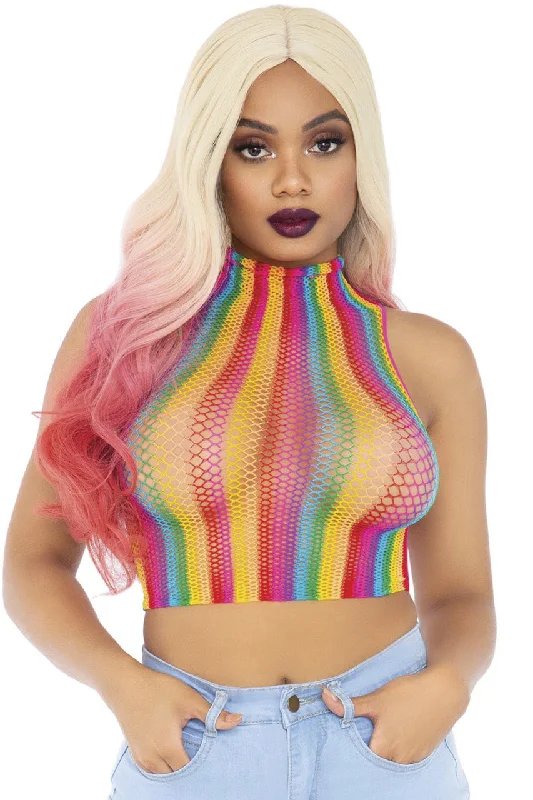 Rainbow Fishnet High Neck Crop Top