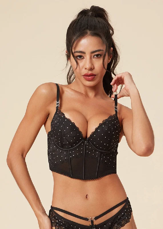 SHARON Sexy Black Lace Push-Up Corset Long Demi Bra with Rhinestones