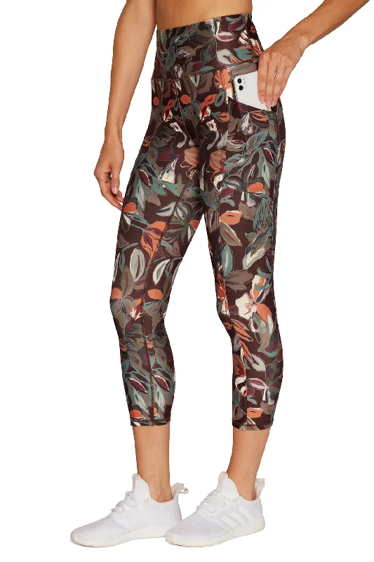 Drew Side Pocket Tummy Control Mid Calf Capri - Choc Plum Abstract Floral